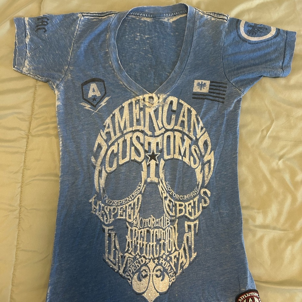 Affliction Blue Graphic Tee with Skull Design